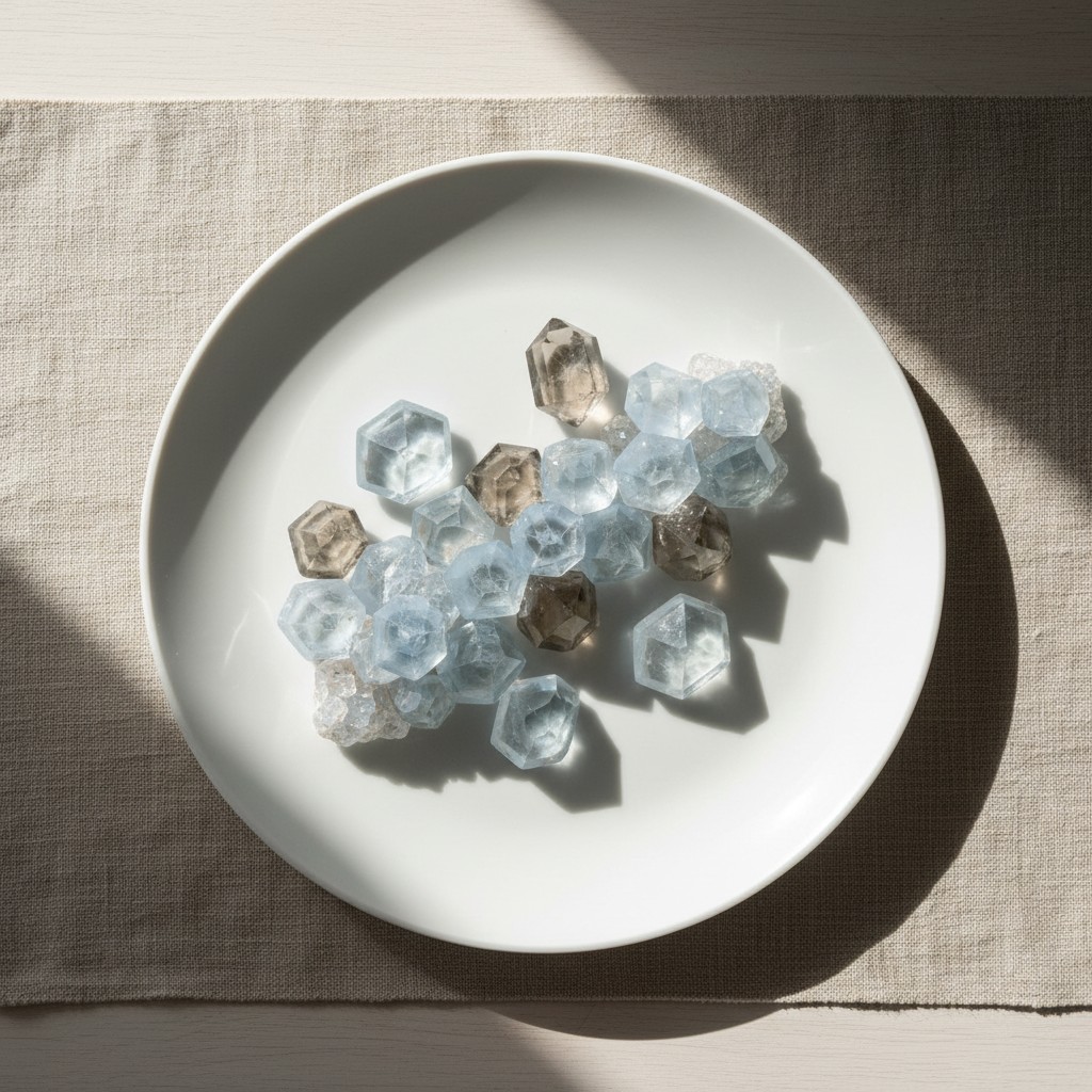 Ronds-clairs blancs et gris reposant sur une assiette blanche posée sur du lin gris et un sol de bois blanc, avec des ombr...