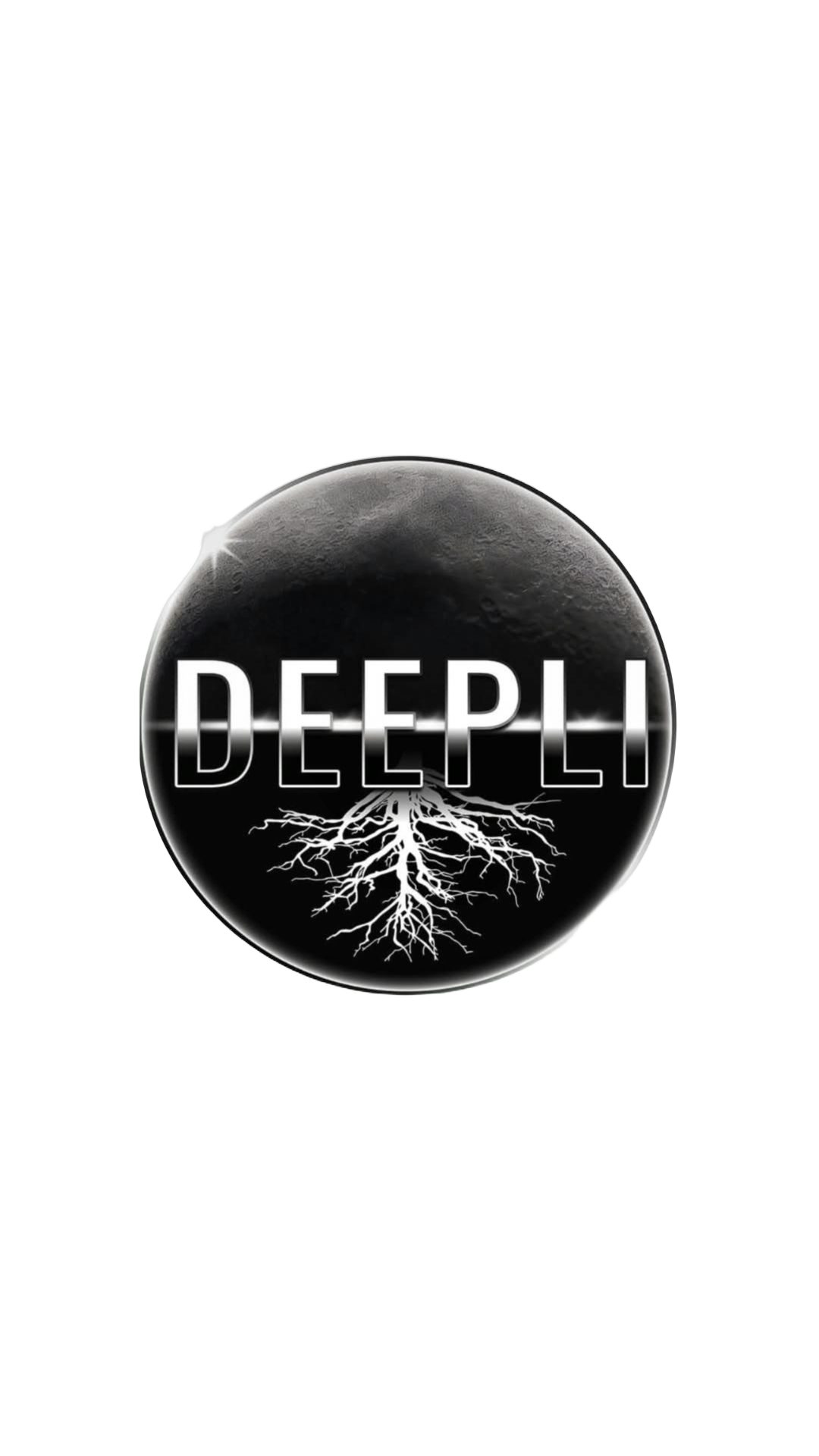 Remove the white background from this logo image, keeping only the circular black DEEPLI logo with roots design. Make the background fully transparent.